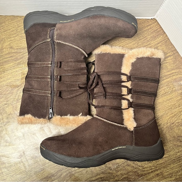 Faded Glory Genuine Leather Dark Brown Faux Fur Trim Suede Lace up Boots Size 9 - Picture 10 of 13